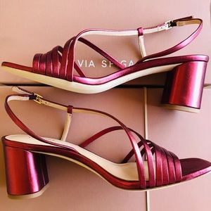 Via Spiga Metallic Magenta Strappy Block Heel Sandals